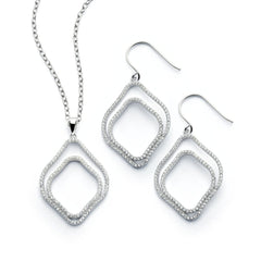 Sterling Silver Rhodium Plated Clear Double Diamond Shaped Outline CZ Hook Earring and Necklace Set