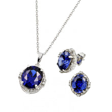 Load image into Gallery viewer, Sterling Silver Rhodium Plated Blue Round Clear Cluster CZ Stud Earring and Necklace Set