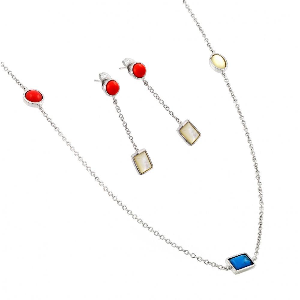 Sterling Silver Rhodium Plated TurquoiseCoralWhite Abalone Shell Dangling Stud Earring and Necklace Set