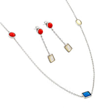Load image into Gallery viewer, Sterling Silver Rhodium Plated TurquoiseCoralWhite Abalone Shell Dangling Stud Earring and Necklace Set