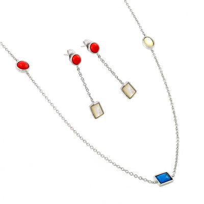 Sterling Silver Rhodium Plated TurquoiseCoralWhite Abalone Shell Dangling Stud Earring and Necklace Set