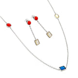 Sterling Silver Rhodium Plated TurquoiseCoralWhite Abalone Shell Dangling Stud Earring and Necklace Set