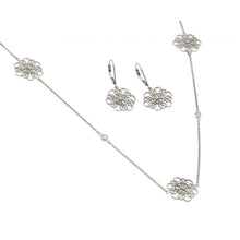 Load image into Gallery viewer, Sterling Silver Rhodium Plated Clear Flower Filigree CZ Leverback Earring and Necklace Set