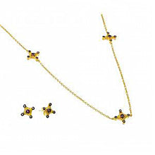 Load image into Gallery viewer, Sterling Silver Black Rhodium and Gold Plated Clear and Champagne 4 Point Diamond Shaped CZ Stud Earring and 18 Inch Chain Necklace Set