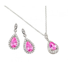 Load image into Gallery viewer, Sterling Silver Rhodium Plated Clear Cluster Pink Teardrop CZ Dangling Stud Earring and Dangling Necklace Set