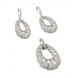 Sterling Silver Rhodium Plated Clear Micro Pave Open Puff Teardrop CZ Dangling Stud Earring and Dangling Necklace Set