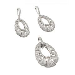 Sterling Silver Rhodium Plated Clear Micro Pave Open Puff Teardrop CZ Dangling Stud Earring and Dangling Necklace Set