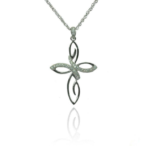 Sterling Silver Micro Pave Stylized Cross Necklace