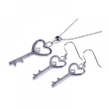Load image into Gallery viewer, Sterling Silver Rhodium Plated Kingdom Heart Key CZ Hook Earring and Necklace Set