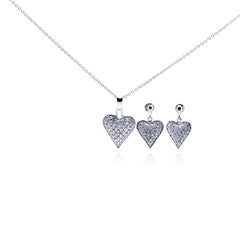 Sterling Silver Rhodium Plated Heart CZ Stud Dangling Earring and Necklace Set