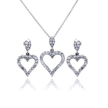 Load image into Gallery viewer, Sterling Silver Rhodium Plated Open Heart CZ Dangling Earring and Necklace Set