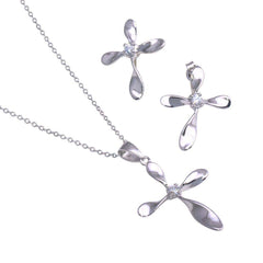 Sterling Silver Rhodium Plated Cross CZ Stud Earring and Necklace Set