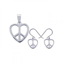 Load image into Gallery viewer, Sterling Silver Rhodium Plated Open Heart Peace Sign CZ Dangling Hook Earring and Necklace Set
