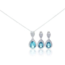 Load image into Gallery viewer, Sterling Silver Rhodium Plated Blue CZ Dangling Stud Earring and Necklace Set