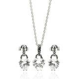 Sterling Silver Rhodium Plated Heart CZ Dangling Stud Earring and Necklace Set