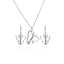 Load image into Gallery viewer, Sterling Silver Rhodium Plated Open Butterfly CZ Dangling Lever Back Earring and Necklace Set
