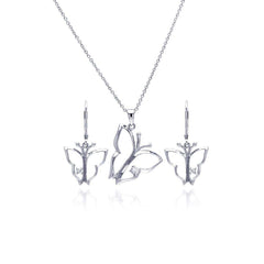 Sterling Silver Rhodium Plated Open Butterfly CZ Dangling Lever Back Earring and Necklace Set