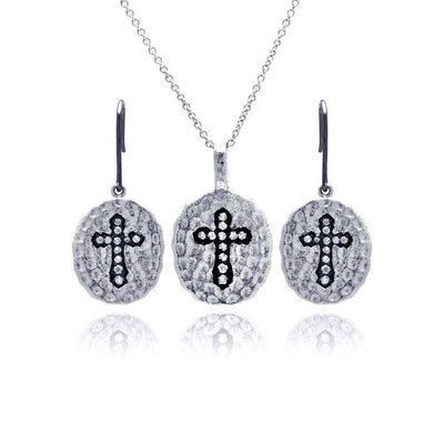 Sterling Silver Black and Rhodium Plated Round Black Cross CZ Inlay Dangling Hook Earring and Necklace Set