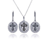 Sterling Silver Black and Rhodium Plated Round Black Cross CZ Inlay Dangling Hook Earring and Necklace Set