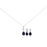 Sterling Silver Rhodium Plated Teardrop Black CZ Stud Earring and Necklace Set