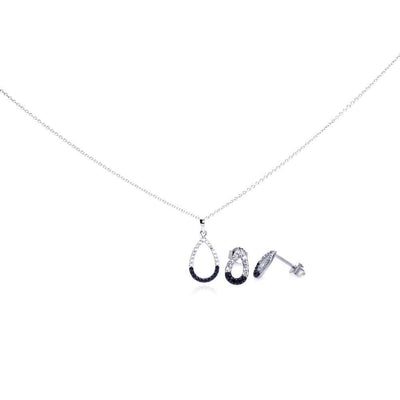Sterling Silver Rhodium Plated Open Teardrop CZ Stud Earring and Necklace Set