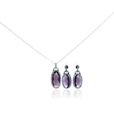 Sterling Silver Rhodium Plated Oval Purple CZ Dangling Stud Earring and Necklace Set