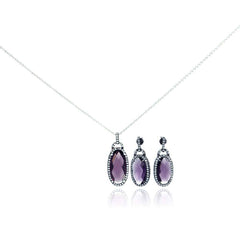 Sterling Silver Rhodium Plated Oval Purple CZ Dangling Stud Earring and Necklace Set