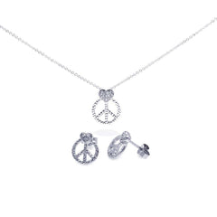 Sterling Silver Rhodium Plated Open Peace Sign CZ Stud Earring and Necklace Set