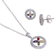 Load image into Gallery viewer, Sterling Silver Rhodium Plated Open Cuircle Multicolor Flower CZ Stud Earring and Necklace Set