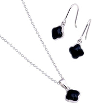 Load image into Gallery viewer, Sterling Silver Rhodium Plated Black Onyx Flower Dangling Hook Earring and Necklace Set