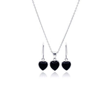 Load image into Gallery viewer, Sterling Silver Rhodium Plated Black Onyx Heart CZ Dangling Hook Earring and Necklace Set