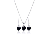Sterling Silver Rhodium Plated Black Onyx Heart CZ Dangling Hook Earring and Necklace Set