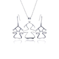 Sterling Silver Rhodium Plated Open Girl CZ Dangling Hook Earring and Necklace Set