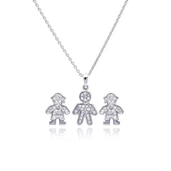 Sterling Silver Rhodium Plated Open Filigree CZ Boy Stud Earring and Necklace Set