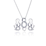 Sterling Silver Rhodium Plated Open Circle Link CZ Lever Back Earring and Necklace Set