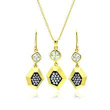 Load image into Gallery viewer, Sterling Silver Gold Plated Black CZ Dangling Stud Earring and Necklace Set