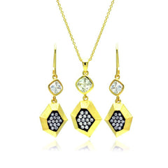 Sterling Silver Gold Plated Black CZ Dangling Stud Earring and Necklace Set