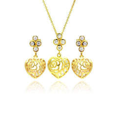 Sterling Silver Gold Plated Heart Filigree CZ Dangling Stud Earring and Necklace Set