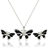 Sterling Silver Rhodium Plated Black Butterfly CZ Stud Earring and Necklace Set