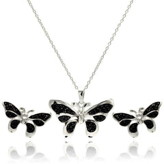 Sterling Silver Rhodium Plated Black Butterfly CZ Stud Earring and Necklace Set