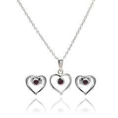 Sterling Silver Rhodium Plated Open Heart Round Red CZ Stud Earring and Necklace Set