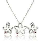 Sterling Silver Rhodium Plated Open Flower Small Red Round CZ Stud Earring and Necklace Set