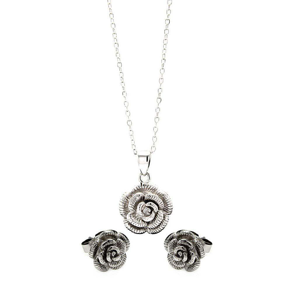 Sterling Silver Rhodium Plated Flower CZ Stud Earring and Necklace Set