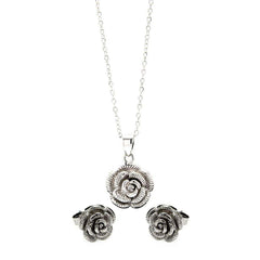 Sterling Silver Rhodium Plated Flower CZ Stud Earring and Necklace Set