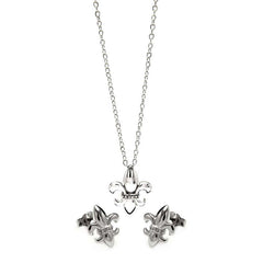 Sterling Silver Rhodium Plated Fleur De Lis CZ Stud Earring and Necklace Set