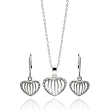 Load image into Gallery viewer, Sterling Silver Rhodium Plated Open Heart Stripe CZ Stud Earring and Necklace Set