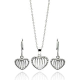 Sterling Silver Rhodium Plated Open Heart Stripe CZ Stud Earring and Necklace Set