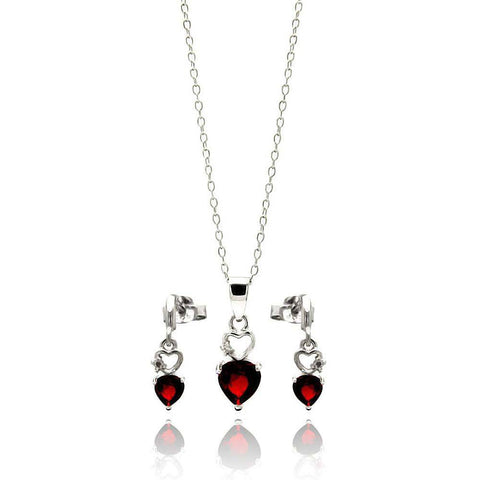 Sterling Silver Rhodium Plated Open Graduated Red Heart Stud Earring and Necklace Set