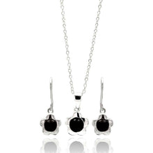 Load image into Gallery viewer, Sterling Silver Rhodium Plated Flower Black Round CZ Dangling Lever Back Stud Earring and Necklace Set