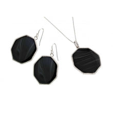 Load image into Gallery viewer, Sterling Silver Rhodium Plated Black Octagon CZ Dangling Hook Earring and Necklace Set